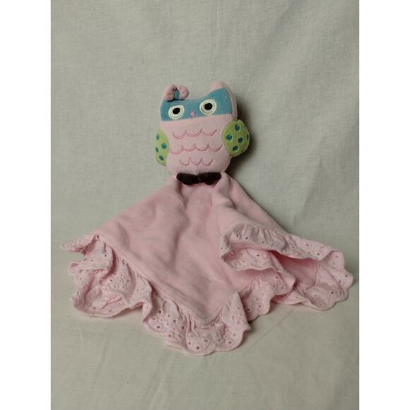 2013 Babies R Us Pink Owl Plush Security Blanket Lovey Pink Eyelet Trim 14" Soft - Picture 1 of 3